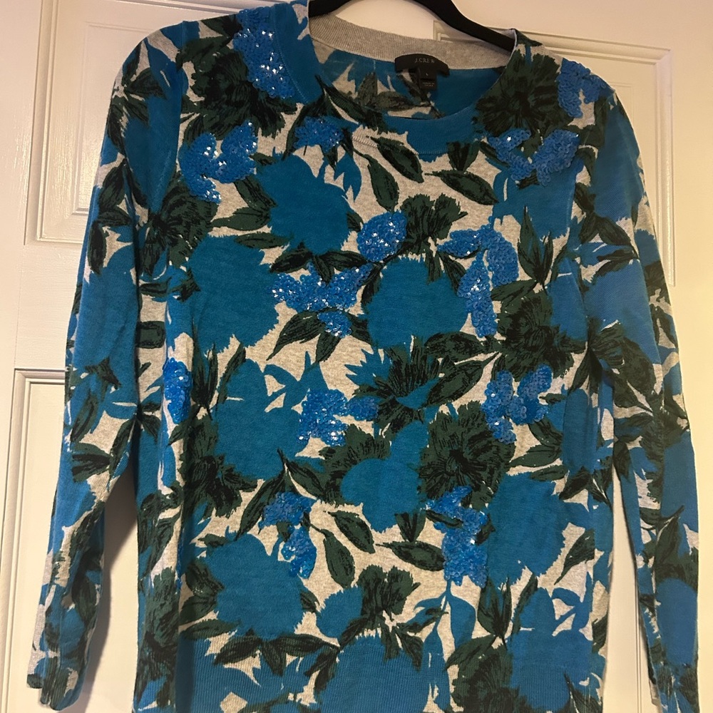 J. Crew Blue Floral Sequin Long Sleeve Sweater